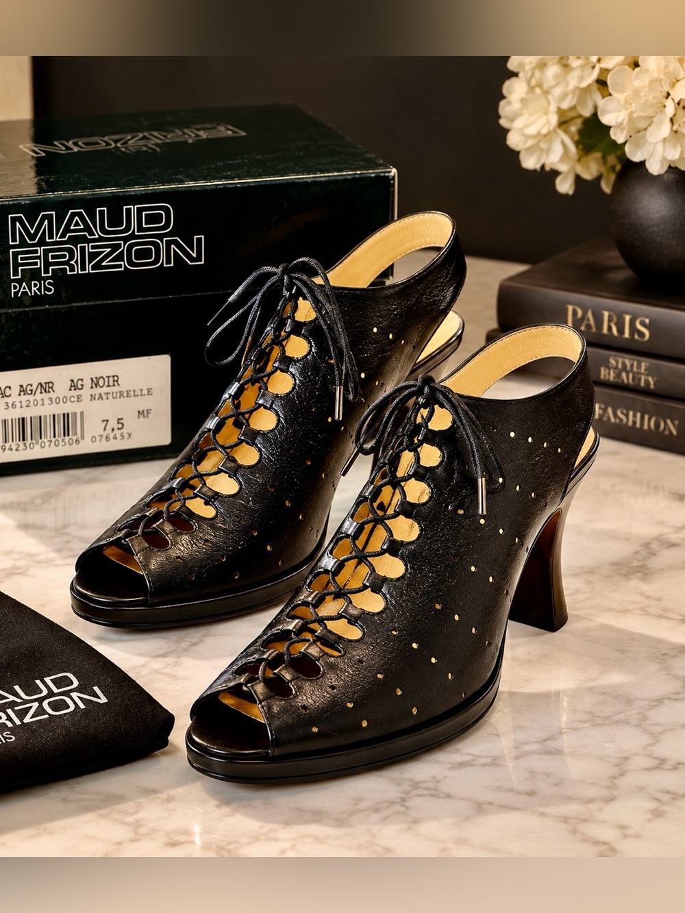 MAUD FRIZON Black Lace-Up Peep-Toe Heeled Sandals Sz 7.5